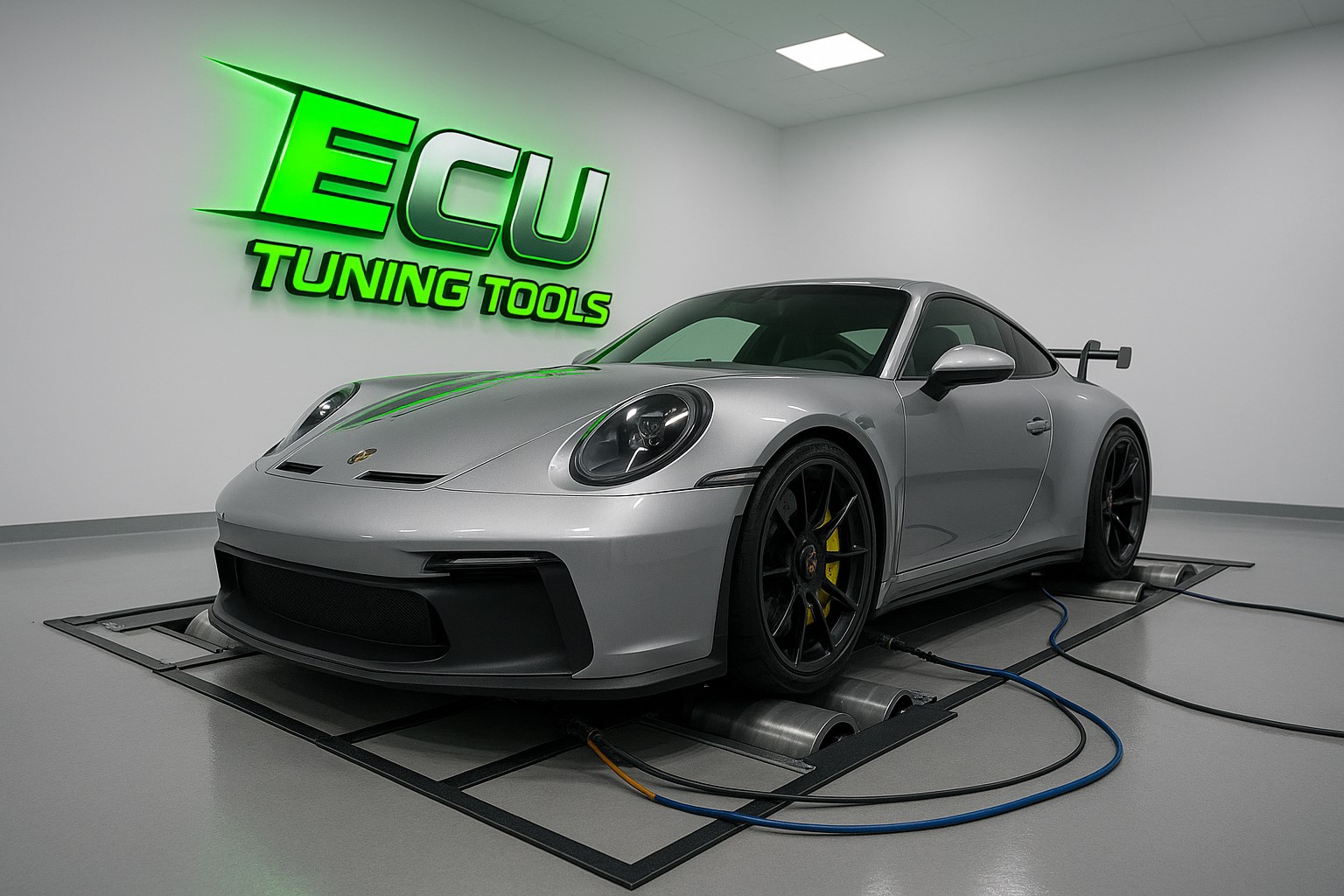 Coche de altas prestaciones en banco de potencia con el logo de ECU Tuning Tools.